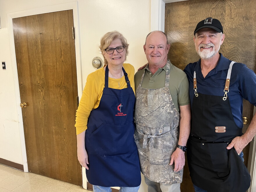 Arlene Fritz, left, Gene Dziak and John Sankey from the Lake Winola United Methodist Church prepare to serve Election Day dinners, a 70-year tradition at the church.