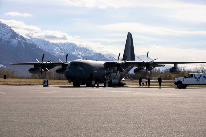 The Alaska Air National Guard's 176th Wing dispatched an HC-130J Combat King II aircraft on the Monday night rescue mission to accompany the HH-60, to refuel the helicopter and provide reconnaissance and other assistance. The plane is shown here at the Palmer Municipal Airport during the 2022 Great Alaska Aviation Gathering in May.