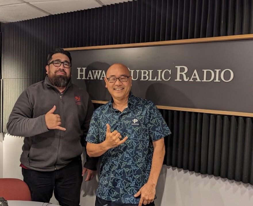 Ian Kitajima with The Conversation's Russell Subiono, left, at Hawaiʻi Public Radio.