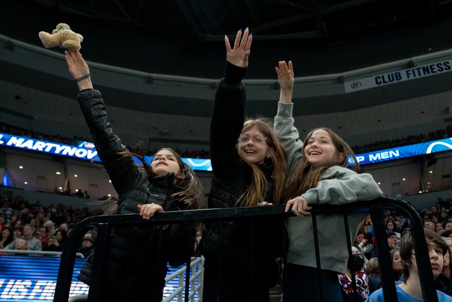 Fans throw out stuffed animals and cheer during the men’s free skate at the 2026 U.S. Figure Skating Championships on Saturday, Jan. 10, 2026, in St. Louis’ Downtown West neighborhood.