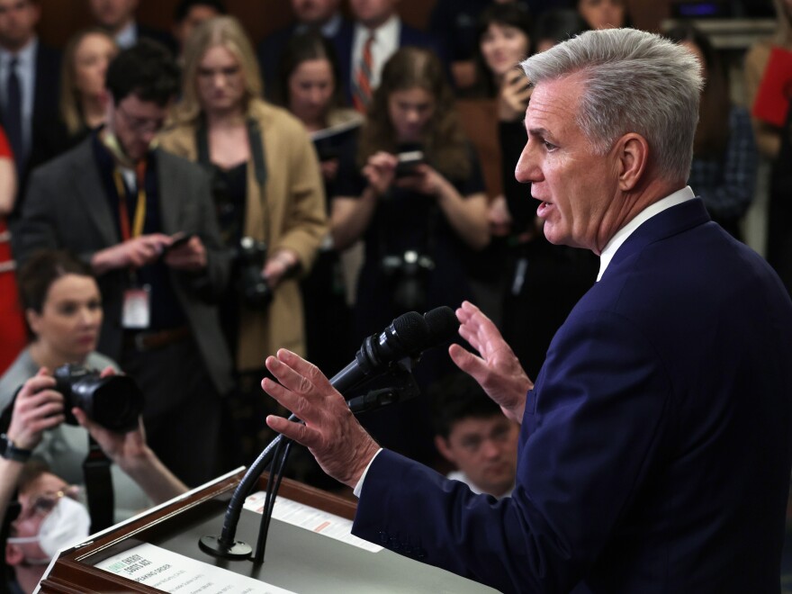 Speaker of the House Kevin McCarthy speaks to members of the press after the vote for the Lower Energy Costs Act at the U.S. Capitol on March 30.