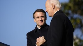 President Joe Biden and French President Emmanuel Macron stand on the stage during a State Arrival Ceremony. (Andrew Harnik/AP)