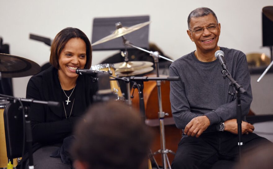 Terri Lyne Carrington and Jack DeJohnette during a workshop at the Berklee College of Music.