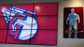 The new Cleveland MLB logo is displayed on July 23 in Cleveland. Known as the Indians since 1915,the team will be called Guardians starting next season.