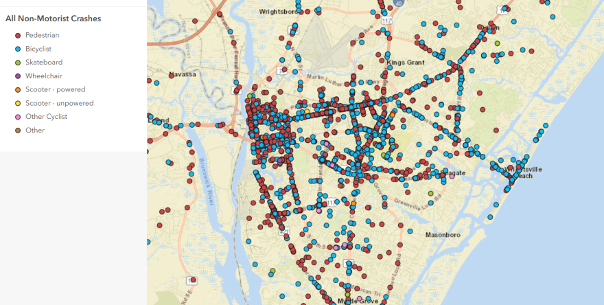 NCDOT map of police-reported crashes involving a pedestrian, bicyclist, other cyclist (including electric bicycles), or a person using any kind of personal conveyance, including a scooter (either powered or unpowered), skateboard, wheelchair, hoverboard, rollerblades, skates, horseback, unicycle, tricycle, or any other personal conveyance. It's based on data from 2007 through 2024.