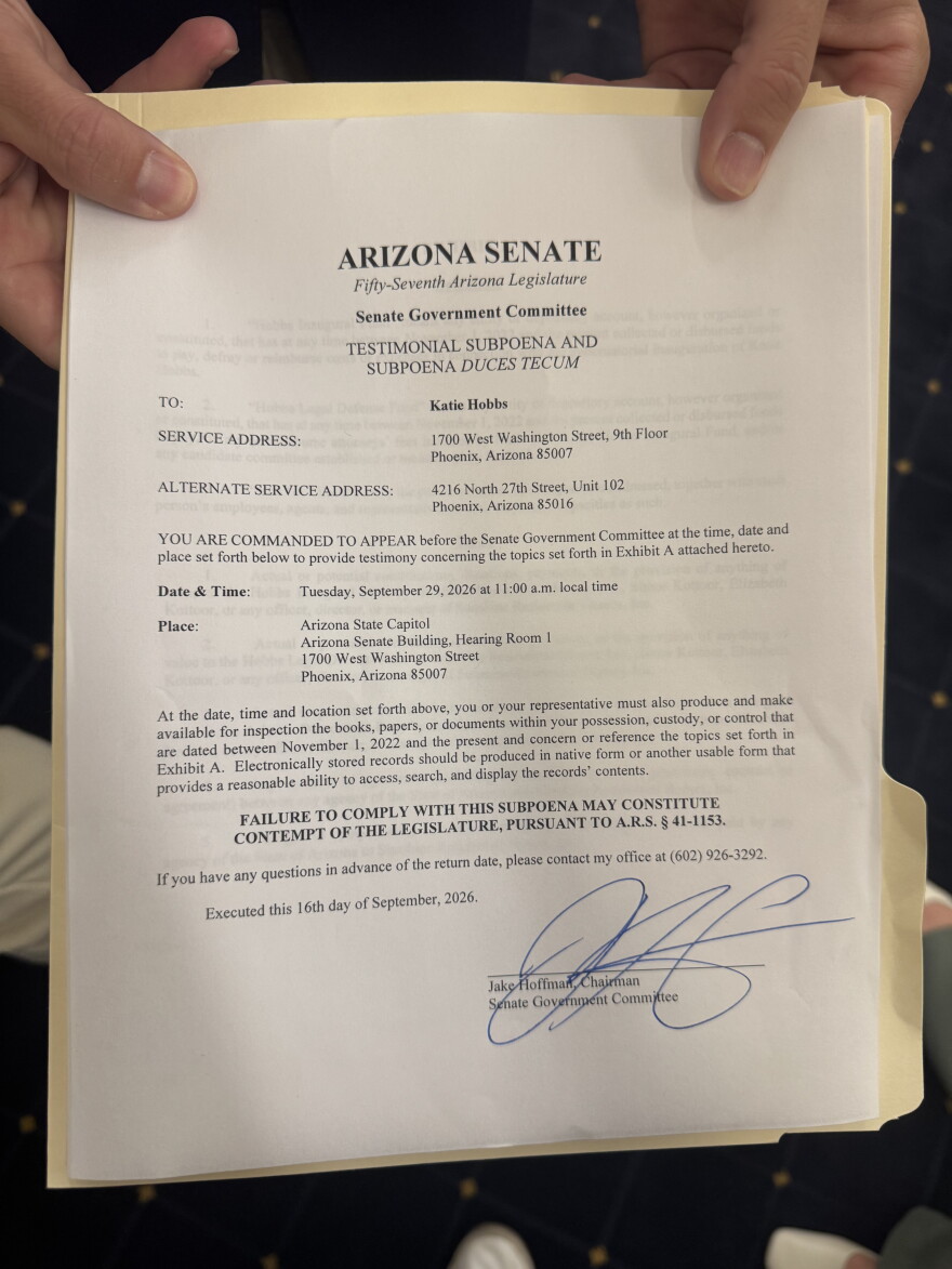 Sen. Jake Hoffman (R-Queen Creek) holds subpoena for Gov. Katie Hobbs