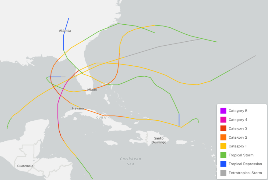 Map of the latest hurricane strikes on the Sunshine State.