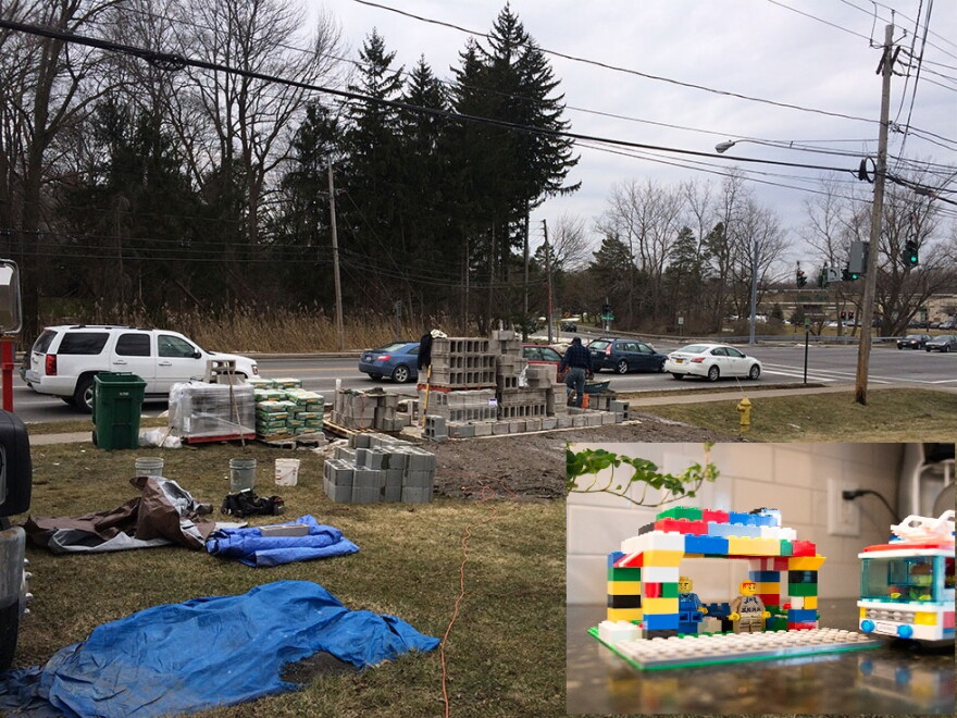 Construction underway on shelter (inset: Legos!)