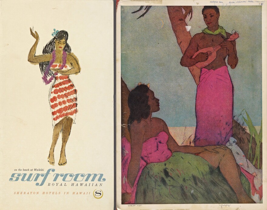 Colorful covers of menus from the Royal Hawaiian Hotel (left) and the Monarch Room Royal Hawaiian Hotel.