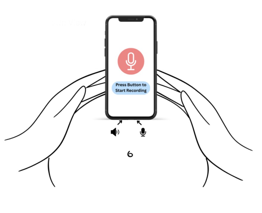 A diagram shows a phone held to a pregnant person's belly. The phone says "press button to start recording."