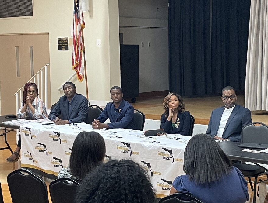 Potential candidates in Florida's 20th congressional district at a meeting of the Broward Black Democratic Caucus. From left to right: Maisha Williams, Dale Holness, Elijah Manley, Sheila Cherfilus McCormick, Luther Campbell.