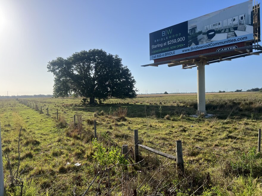 A billboard on a vacant community development district in Arcadia advertises houses that never came.