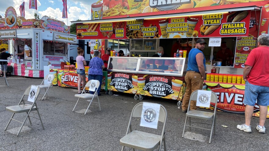 Five trailers serving fried fair foods, drinks and dessert set up in a parking lot at the Atrium in Pennsylvania's Butler County.