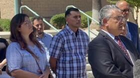 Danielle Davila and Jose de Jesus Ortega, seen left and center, were arrested in July for allegedly obstructing an immigration arrest at the Ontario Advanced Surgery Center. They plead not guilty to a single misdemeanor assault charge in federal court on Tuesday, August 19, 2025.