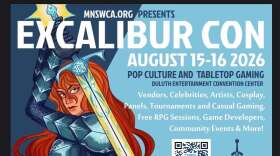 Poster for Excalibur Con, a pop culture and tabletop gaming convention; illustrated image of an armored woman wielding a sword against a light blue background