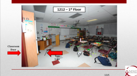 A photo presented at the Stoneman Dougas safety commission hearing shows a classroom with tape marking the "hard corner" where students should gather so a shooter cannot see them through the door window.