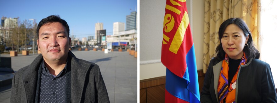 (Left) Mogi Bontoi runs the market intelligence firm Cover Mongolia. He says the country is likely to default on billions of dollars' worth of loans. (Right) Undraa Agvaanluvsan, elected to Mongolia's parliament in June, vows to help Mongolia climb out of its massive debt problem.