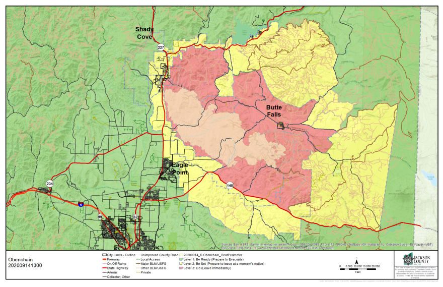 Evacuation Zones on the South Obenchain Fire as of 5:00 p.m. Sept. 14, 2020.