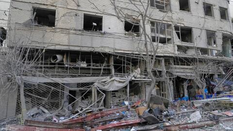 A building stands in ruins after a strike on a police station during ongoing, joint U.S.-Israeli military attacks in Tehran, Iran, Monday, March 2, 2026.
