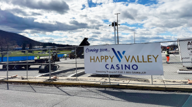 A construction crew works in the parking lot of the future Happy Valley Casino on Nov. 13, 2025. The casino will be inside the Nittany Mall in College Township. 