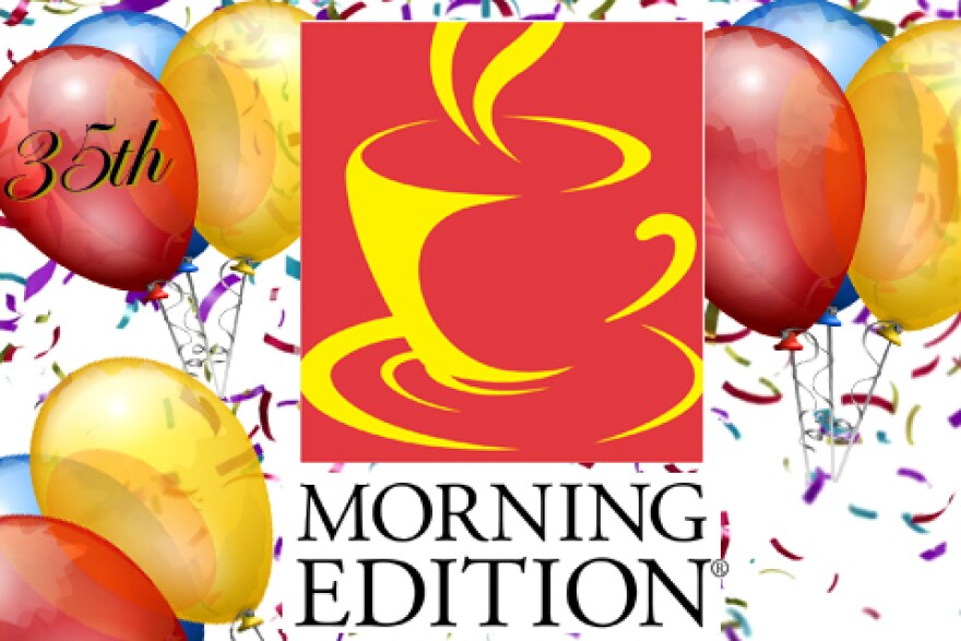 Morning Edition logo with party decorations