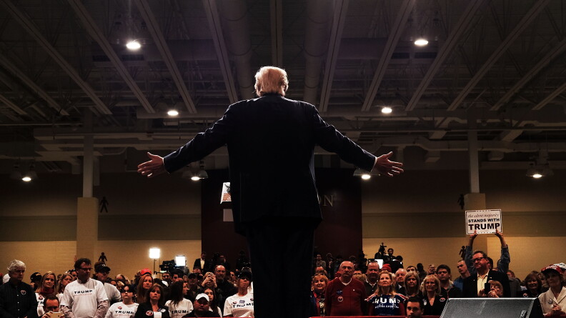 Donald Trump addresses a crowd in South Carolina. Trump has the clearest path to the GOP nomination, but Republicans opposed to him aren't giving up the fight.