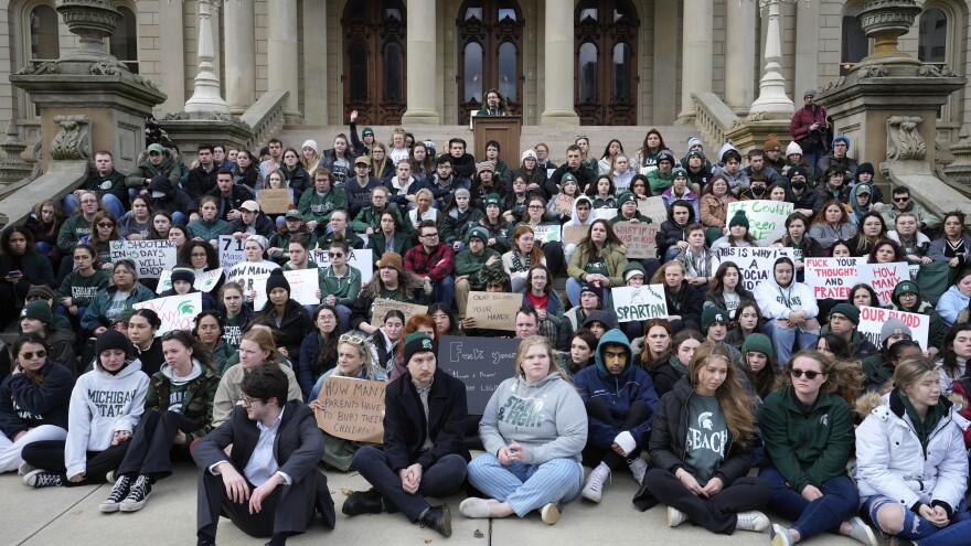 Current and former Michigan State University students rally at the capitol in Lansing, Wednesday, Feb. 15, 2023. Alexandria Verner, Brian Fraser and Arielle Anderson were killed and five other students remain remain in critical condition after a gunman opened fire on the campus of Michigan State University Monday night.