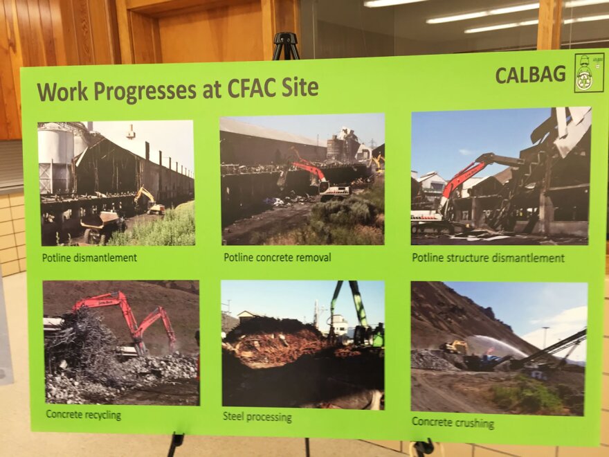 A Calbag Resources sign at an October 2015 meeting shows some of the work in progress at the Columbia Falls Aluminum Company.