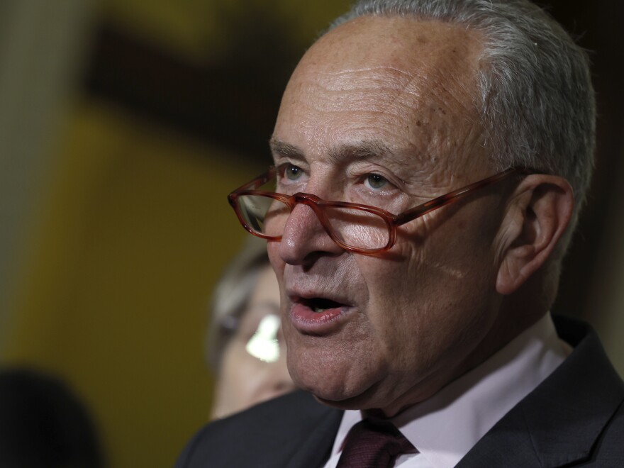 Senate Majority Leader Chuck Schumer speaks during a news conference on Sept. 7 after a policy luncheon with Senate Democrats. The Respect for Marriage Act was one of the focuses of their gathering.