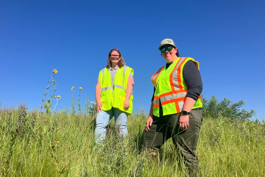Tara Van Waus (left) and Rachel Harris with the Iowa Department of Transportation support integrated roadside vegetation management across the state. Along with saving costs in the long-run, they say native plants are better at absorbing heavy rainfall, tolerating drought, preventing erosion and supporting wildlife compared to many non-native seed options.