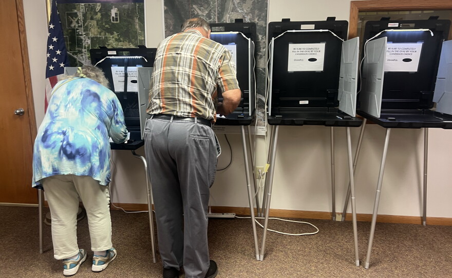 Janice McClure, left, and David McClure cast their votes together on Primary Election Day, Aug. 11, 2026, at Deer River City Hall. The couple has been married for 64 years and have lived in Deer River since 1968.