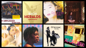 Eight of the album covers for tracks included in this month's playlist, arranged in a 2x4 grid.