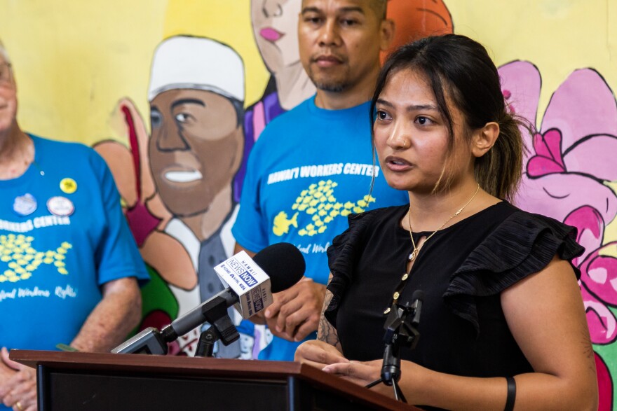 Maria Rallojay, of the Hawaiʻi Coalition for Immigrant Rights, discusses the difficult working conditions while she was an employee at Maxʻs Restaurant on Oʻahu. (June 21, 2024)