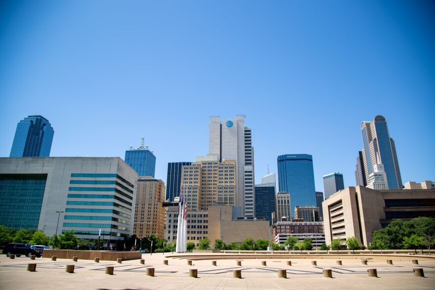 The view of the Dallas Skyline from Dallas City Hall.