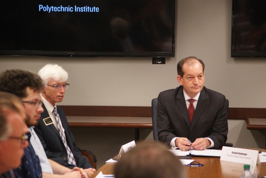 U.S. Secretary of Labor Alexander Acosta participates in a roundtable discussion with Indiana cybersecurity businesses and Purdue students and faculty.
