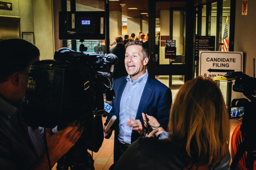 Eric Greitens addresses the media after filing to run in the Missouri Senate primary on Tuesday morning at the James C Kirkpatrick State Information Center in Jefferson City.