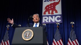 President Donald Trump speaks on stage during the first day of the Republican National Committee convention, Monday, Aug. 24, 2020, in Charlotte. (Evan Vucci/AP)