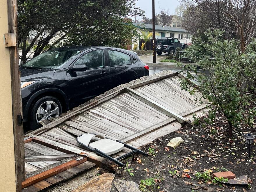 Fence in City of San Luis Obispo toppled by March atmospheric river storm.