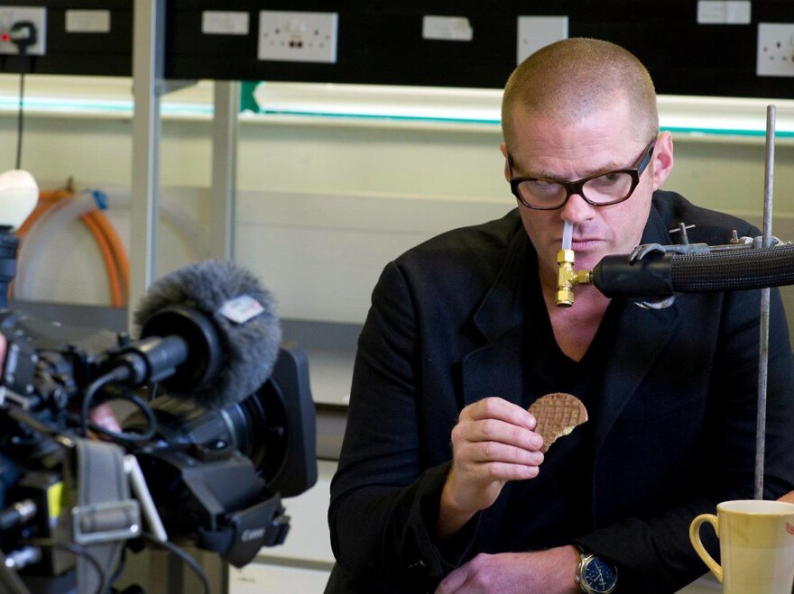 Hooked up to a gadget that measures food flavors, chef Heston Blumenthal tests whether a cookie tastes better after it's dipped into tea.