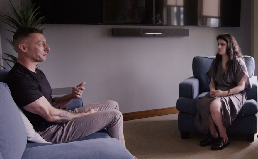 Marine Corps veteran Ryan Roberts participates in a mock therapy session in a psilocybin dosing room with assistant professor Amanda Tamman, who is supporting Baylor College of Medicine's psilocybin study for veterans with PTSD at the Menninger Clinic in Houston.