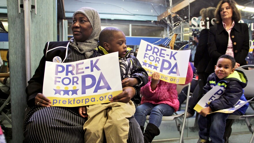 Khadija Sabir of Lovie Lee's Stars of Tomorrow preschool in Philadelphia attends a soda tax rally with three of her charges. The proposed tax promises to pay for universal pre-K, parks and recreation centers.