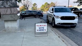 A Tulsa County Sheriff’s vehicle outside the Hardesty Library near 93rd and South Memorial as early voting begins.