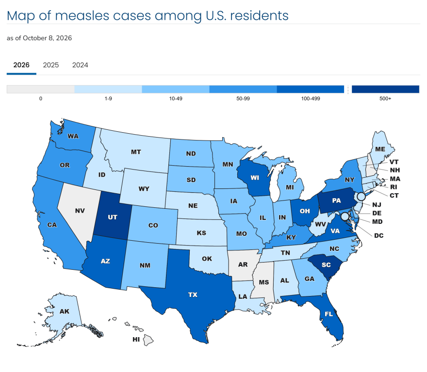 A map of measles cases in the U.S. as of October 8, 2026.