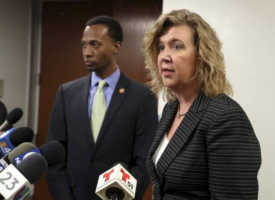 Broward County Public Schools Superintendent Vicki Cartwright (right) presents a statewide grand jury report at the Board of Education Administration Building in Fort Lauderdale, Tuesday, September 13, 2022.