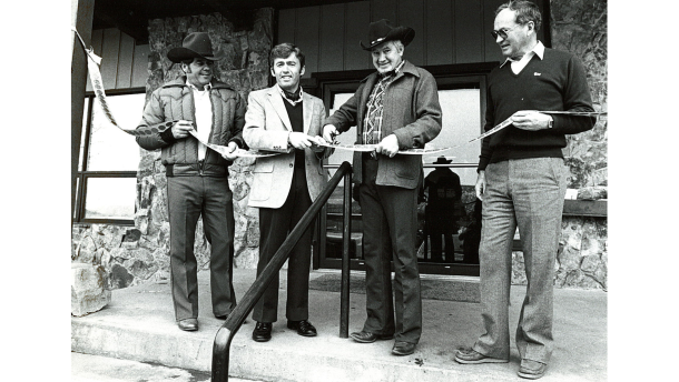 Bob Young (second from the left) at the ribbon cutting in 1973 of the Roaring Fork Bank in Carbondale, later renamed Alpine Bank.