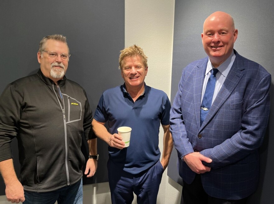 Warren Hardy (L) and Steve Sebelius (R) with State of Nevada host Joe Schoenmann at Nevada Public Radio on Jan. 12, 2023.