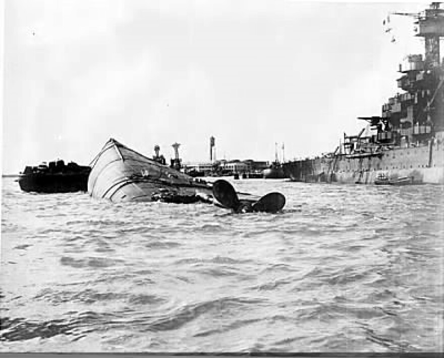 The capsized USS Oklahoma at Pearl Harbor, December, 1941