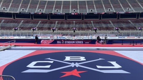 Crews setting up at Ohio Stadium for the second game in the Stadium Series between the Columbus Blue Jackets and the Detroit Red Wings.