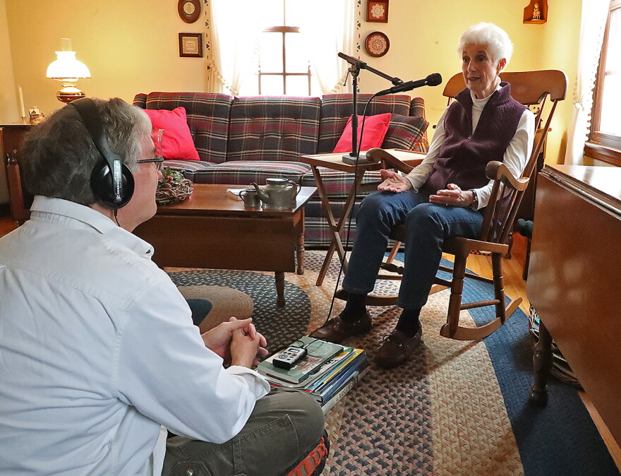 WYSO reporter Tom Stafford interviewing Lois Christel in her home, before expanded social distancing guidelines were issued.