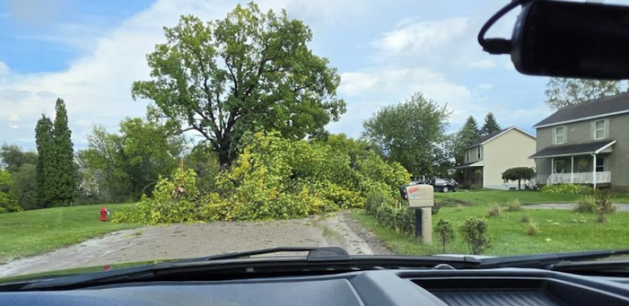 Fallen trees completely block a road near Howell following Thursday’s severe storms. Residents used a backhoe and chainsaws to begin clearing the debris.